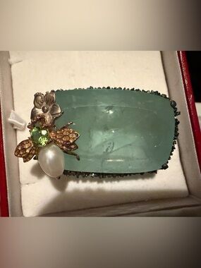 Huge 190 ct Aquamarine, peridot, pearl diamond 14k gold & SS Bee fly brooch pin
